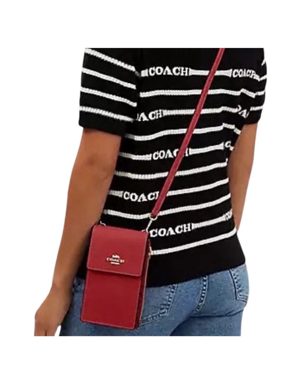 New! Coach Red Leather Crossbody Phone Pouch with Gold Logo Adjustable Strap